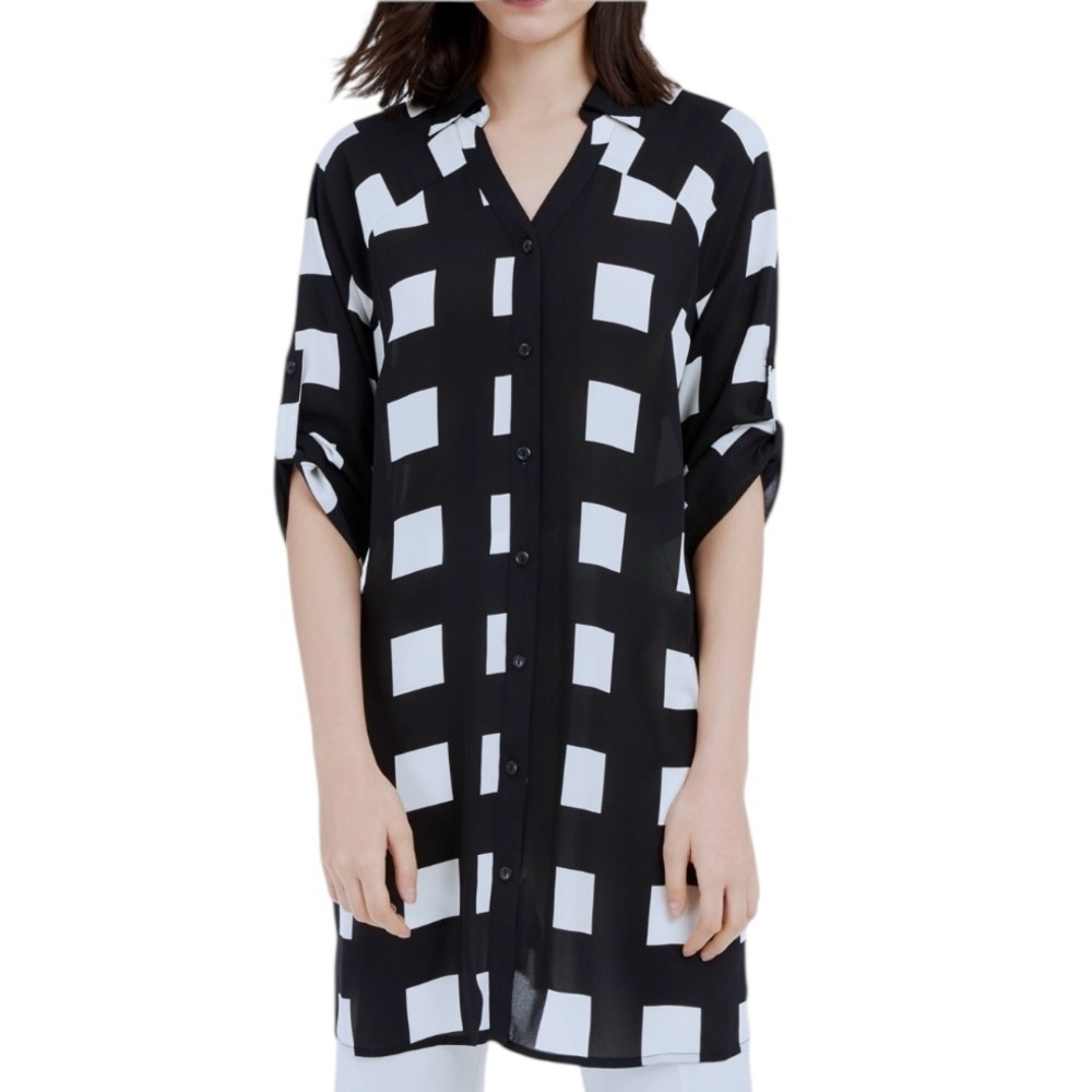 ALFANI’S Geometric Pattern Roll Tab Long Length Front Button Tunic Top or Dress